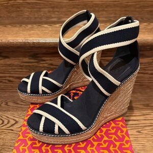 Tory Burch Navy and Cream Wedge Sandals